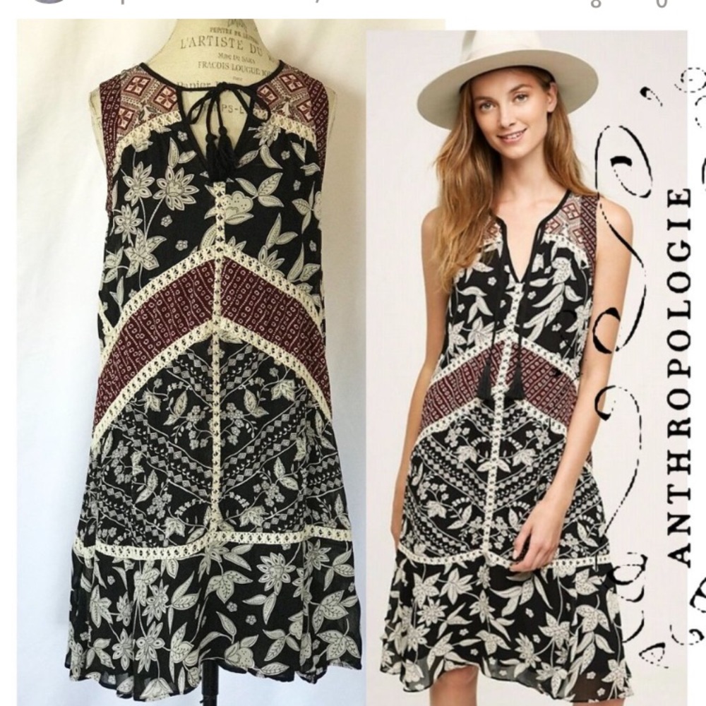 Anthropologie Floral Sleeveless Dress - Black and Cream